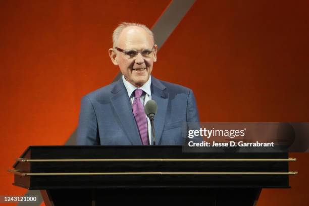 Hall of Fame Inductee George Karl speaks to the audience during the 2022 Basketball Hall of Fame Enshrinement Ceremony on September 10, 2022 at...