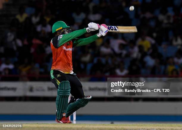 Shimron Hetmyer of Guyana Amazon Warriors hits 4 during the Men's 2022 Hero Caribbean Premier League match 13 between Saint Lucia Kings and Guyana...