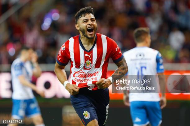 Alexis Vega of Chivas celebrates after scoring his team's first goal during the 14th round match between Chivas and Puebla as part of the Torneo...