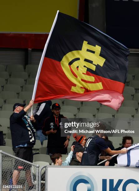 Carlton flag in the Aboriginal colours is seen during the 2022 S7 AFLW Round 03 match between the Carlton Blues and the Port Adelaide Power at Ikon...