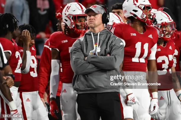 Head coach Scott Frost of the Nebraska Cornhuskers looks at the scoreboard in the game against the Georgia Southern Eagles in the second quarter at...