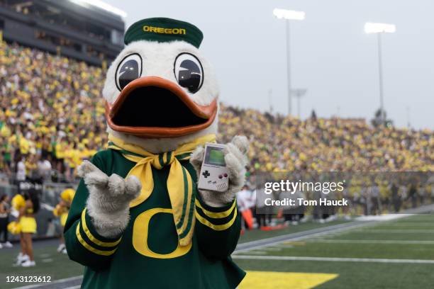 Puddles, the mascot of the Oregon Ducks, cheers against the Eastern Washington Eagles during the first half of the game at Autzen Stadium on...