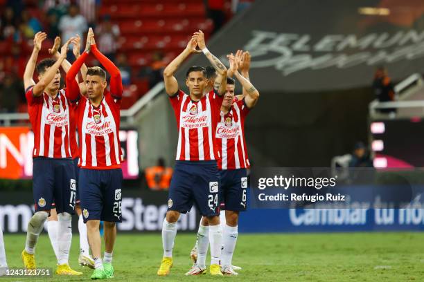 Players of Chivas react after a victory in the 14th round match between Chivas and Puebla as part of the Torneo Apertura 2022 Liga MX at Akron...