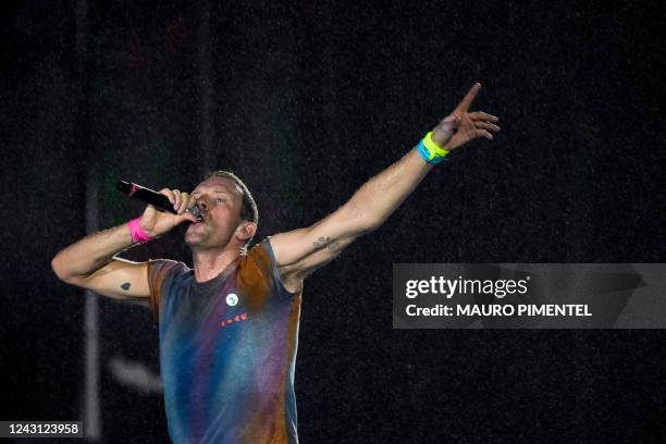 British singer Chris Martin of British band Coldplay performs on the main stage during Rock in Rio music festival at Rio 2016 Olympic Park in Rio de...