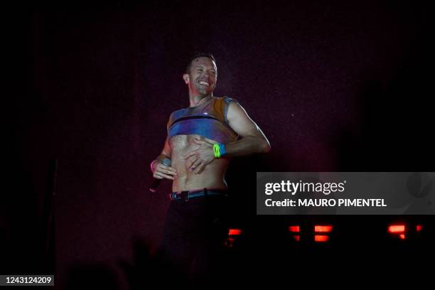 British singer Chris Martin of British band Coldplay performs on the main stage during Rock in Rio music festival at Rio 2016 Olympic Park in Rio de...