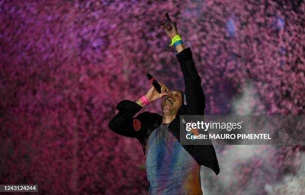 British singer Chris Martin of British band Coldplay performs on the main stage during Rock in Rio music festival at Rio 2016 Olympic Park in Rio de...