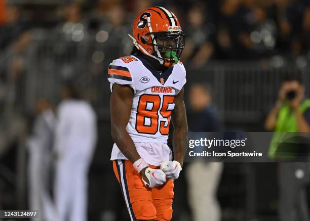 Syracuse Orange wide receiver D'Marcus Adams reacts to a play during the game as the Syracuse Orange take on the UConn Huskies on September 10 at the...