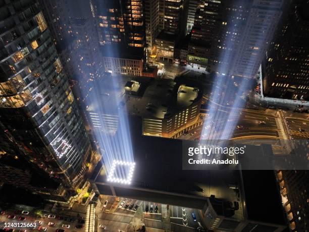 The annual Tribute in Light that will mark the 21th anniversary of the attacks on the World Trade Center is tested in lower Manhattan on September...