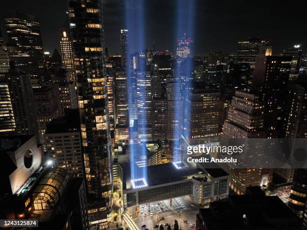 The annual Tribute in Light that will mark the 21th anniversary of the attacks on the World Trade Center is tested in lower Manhattan on September...