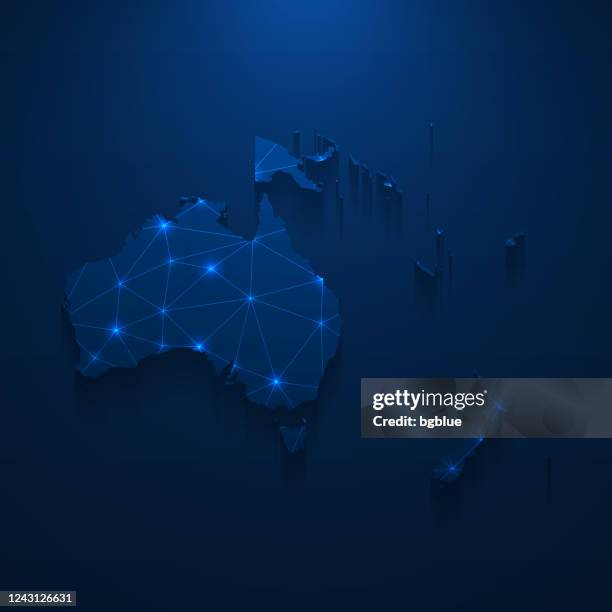 oceania map network - bright mesh on dark blue background - new zealand country stock illustrations