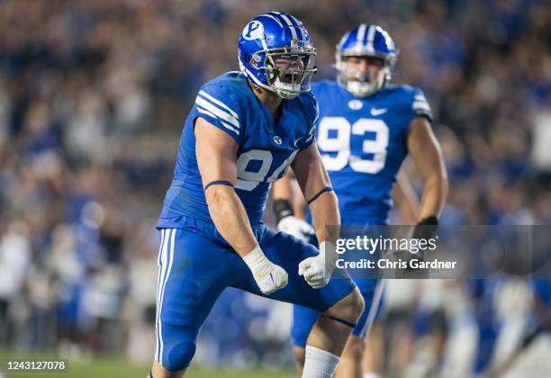 John Nelson of the Brigham Young Cougars celebrates sacking Blake Shapen of the Baylor Bears during the second half of their game at LaVell Edwards...