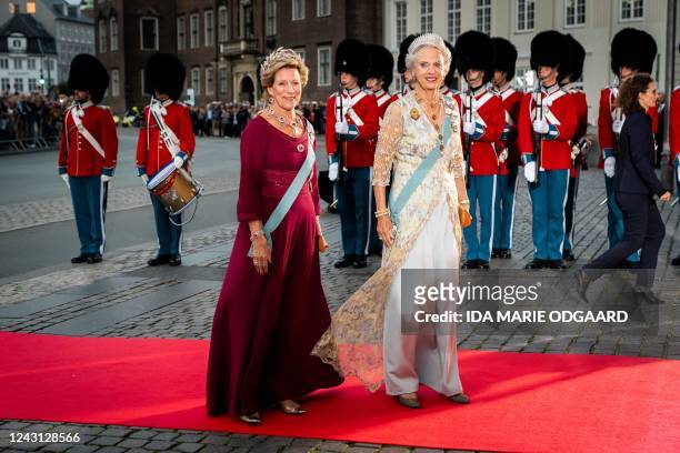Princess Benedikte of Denmark and her sister Queen Anne-Marie of Greece arrive at the Danish Royal Theatre in Copenhagen to attend the 50th...
