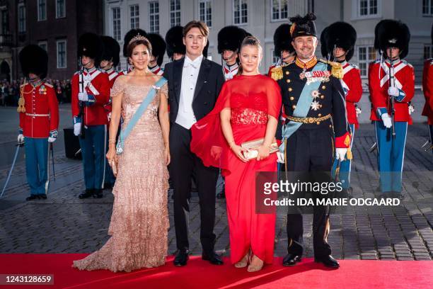 Crown Prince Frederik and Crown Princess Mary of Denmark with Prince Christian and Princess Isabella of Denmark arrive at the Danish Royal Theatre in...