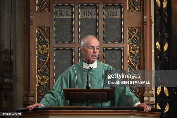 Archbishop of Canterbury, Justin Welby speaks during the Sunday Choral Eucharist at Canterbury Cathedral, in south-east England on September 11 as...