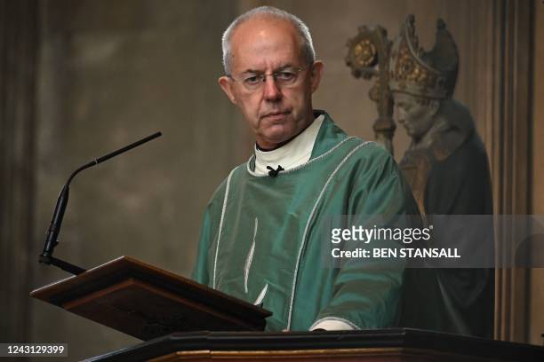 Archbishop of Canterbury, Justin Welby speaks during the Sunday Choral Eucharist at Canterbury Cathedral, in south-east England on September 11 as...