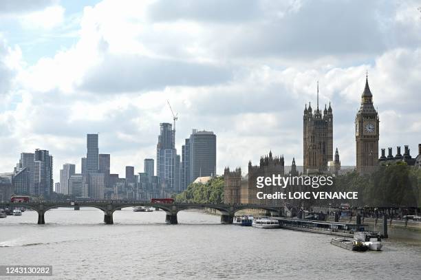 General view of Palace of Westminster and the London skyline on September 11, 2022. - Queen Elizabeth II's coffin will travel by road through...