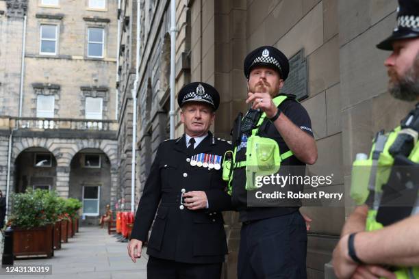 Police officers attend a Accession Proclamation Ceremony at Mercat Cross, publicly proclaiming King Charles III as the new monarch on September 11,...