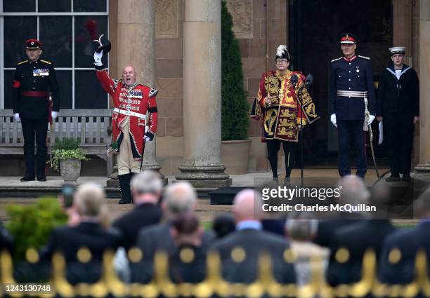 Cries of God save the King ring out as the Norroy and Ulster King of Arms reads the proclamation of King Charles III at Hillsborough Castle on...