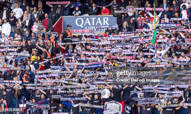 Fans of Paris Saint Germain during the French Ligue 1 Uber Eats soccer match between Paris Saint Germain and Brest at Parc des Princes on September...