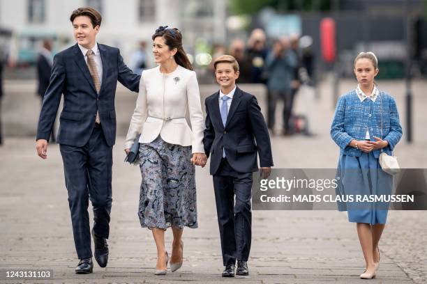 Prince Christian, Crown Princess Mary, Prince Vincent and Princess Josephine arrive for a luncheon on the Dannebrog Royal Yacht, in Copenhagen, on...