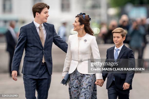 Prince Christian, Crown Prince Mary and Prince Vincent arrive for a luncheon on the Dannebrog Royal Yacht, in Copenhagen, on September 11 during the...