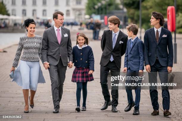 Prince Felix, Princess Marie, Prince Joachim, Princess Athena, Prince Henrik and Prince Nikolai arrive for a luncheon on the Dannebrog Royal Yacht,...