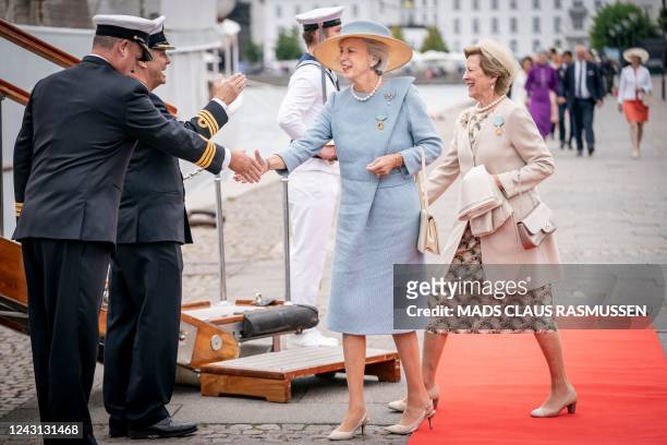 Princess Benedikte of Denmark and Queen Anne-Marie of Greece arrive for a luncheon on the Dannebrog Royal Yacht, in Copenhagen, on September 11...