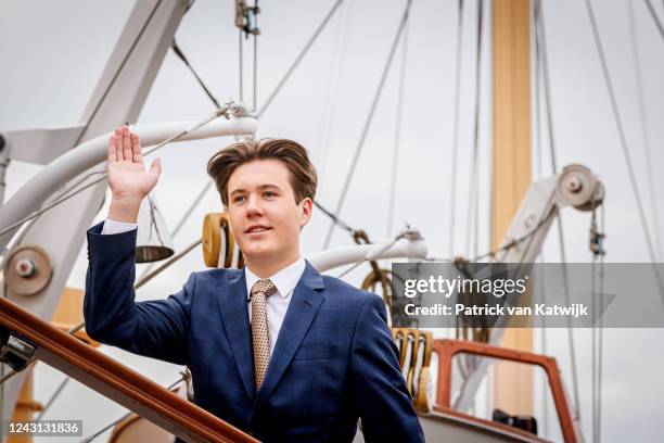 September 11: Prince Christian of Denmark arrives at the Royal yaught Dannebrog for a lunch during the 50 years anniversary of Her Queen Margrethe II...