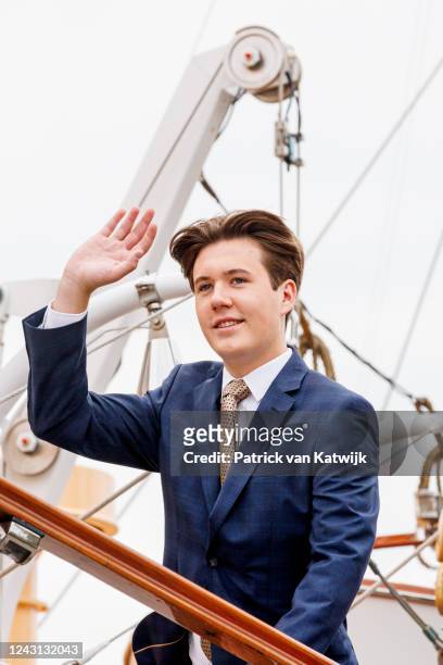 September 11: Prince Christian of Denmark arrives at the Royal yaught Dannebrog for a lunch during the 50 years anniversary of Her Queen Margrethe II...