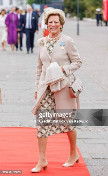 September 11: Queen Anne Marie of Greece arrives at the Royal yaught Dannebrog for a lunch during the 50 years anniversary of Her Queen Margrethe II...