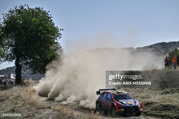 Belgian driver Thierry Neuville and his Belgian co-driver Martijn Wydaeghe drive their Hyundai i20 N Rally 1 Hybrid at the special stage 26km between...