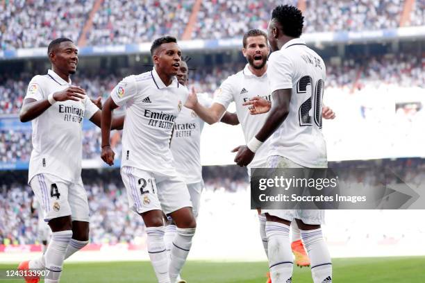 Vinicius Junior of Real Madrid celebrates 2-1 with David Alaba of Real Madrid, Rodrygo of Real Madrid, Nacho Fernandez of Real Madrid during the La...
