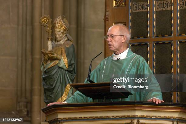 Justin Welby, archbishop of Canterbury, delivers the Sunday Choral Eucharist at Canterbury cathedral on day three of public mourning following the...