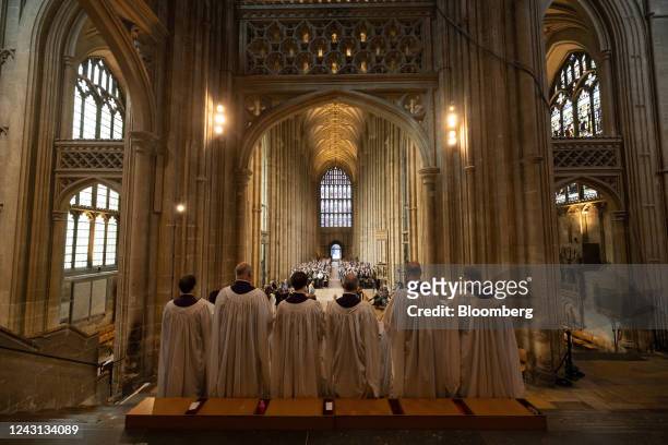 The choir sing during the Sunday Choral Eucharist at Canterbury cathedral on day three of public mourning following the death of Queen Elizabeth II,...