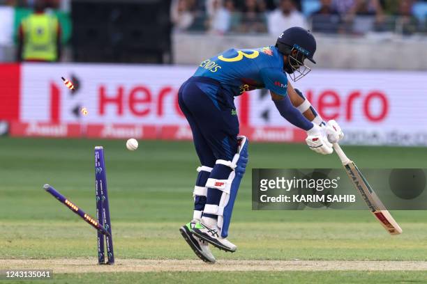 Sri Lanka's Kusal Mendis is bowled out off Pakistan's Naseem Shah during the Asia Cup Twenty20 international cricket final match between Pakistan and...