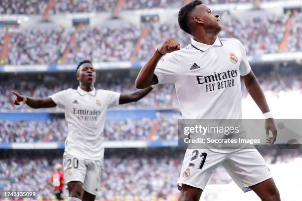 Rodrygo of Real Madrid celebrates 3-1 during the La Liga Santander match between Real Madrid v Real Mallorca at the Estadio Santiago Bernabeu on...