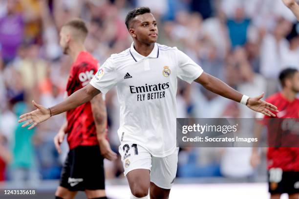 Rodrygo of Real Madrid celebrates 3-1 during the La Liga Santander match between Real Madrid v Real Mallorca at the Estadio Santiago Bernabeu on...