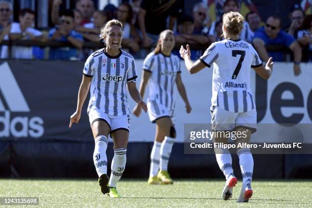 Martina Rosucci of Juventus celebrates with Valentina Cernoia during the Women Serie A match between Juventus and FC Internazionale at Juventus...