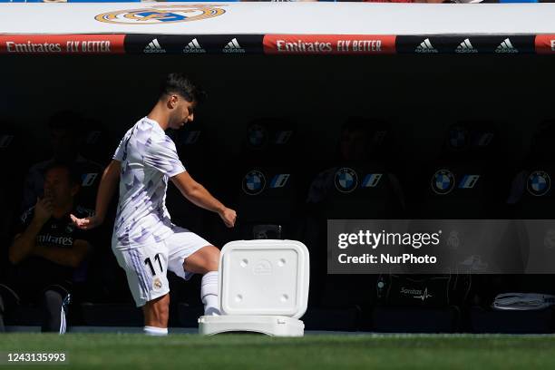 Marco Asensio right winger of Real Madrid and Spain angry at not playing the La Liga Santander match between Real Madrid CF and RCD Mallorca at...