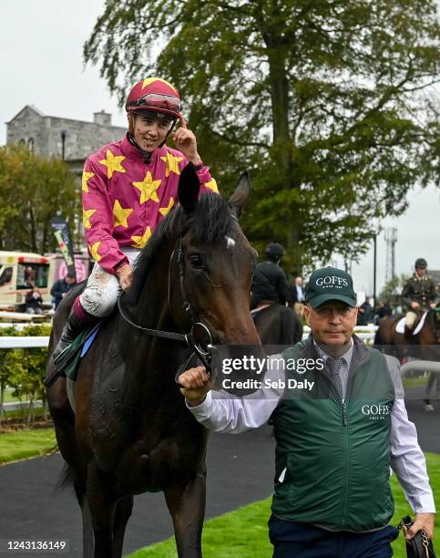 Kildare , Ireland - 11 September 2022; Jockey Dylan Browne McMonagle after winning the Goffs Vincent O'Brien National Stakes on Al Riffa during day...