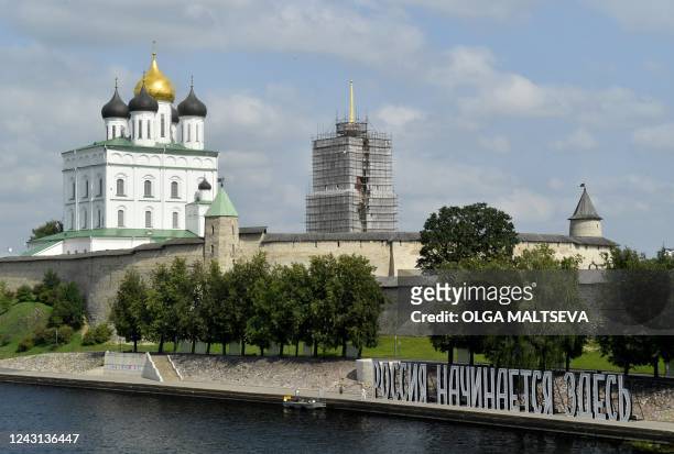 This photograph taken on August 21, 2022 shows the Pskov Kremlin in Pskov. - Their father is no longer recognisable to the 18-year-old twin sisters,...