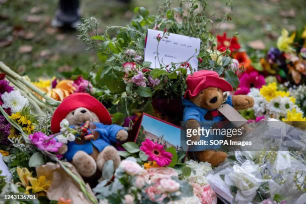 Messages with two Paddington bears to Queen Elizabeth II seen on top of the floral tributes at the designated area in Green Park. Thousands came to...