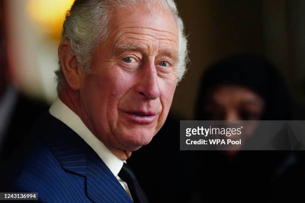 King Charles III during a reception with Realm High Commissioners and their spouses in the Bow Room at Buckingham Palace on September 11, 2022 in...
