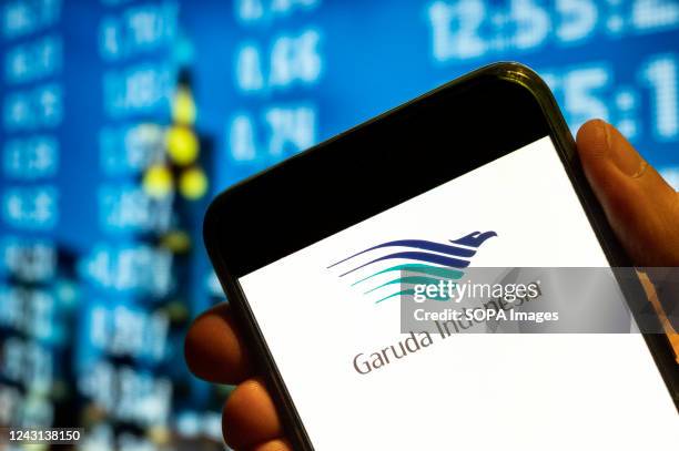 In this photo illustration, the national airline of Indonesia Garuda Indonesia logo is displayed on a smartphone screen.