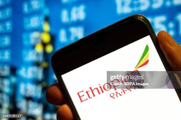 In this photo illustration, the national airline of Ethiopia Ethiopian Airlines logo is displayed on a smartphone screen.