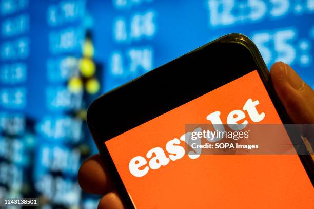 In this photo illustration, the British multinational low-cost airline, EasyJet, logo is displayed on a smartphone screen.