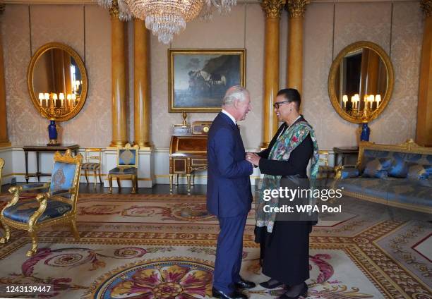 Britain's King Charles III during an audience with the Commonwealth Secretary General Baroness Patricia Scotland at Buckingham Palace on September...