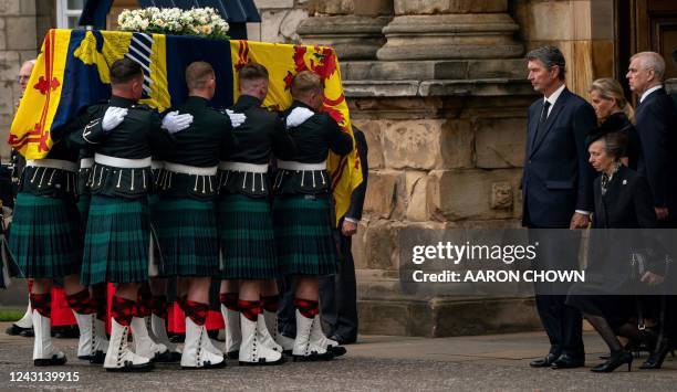Vice Admiral Timothy Laurence , Britain's Sophie, Countess of Wessex and Britain's Prince Andrew, Duke of York stands as Britain's Princess Anne, the...