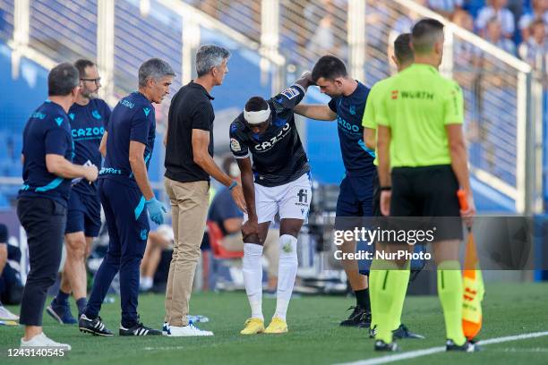 Umar Sadiq centre-forward of Real Sociedad and Nigeria injured during the LaLiga Santander match between Getafe CF and Real Sociedad at Coliseum...