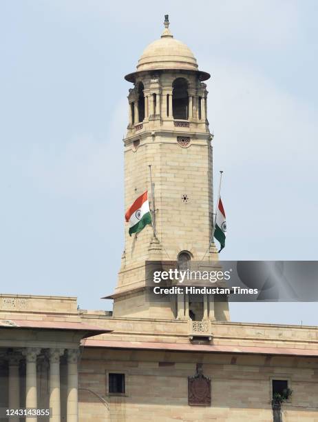 The Indian National flag at half-mast during the one-day state mourning, as a mark of respect to late Queen Elizabeth II, at North Block, on...